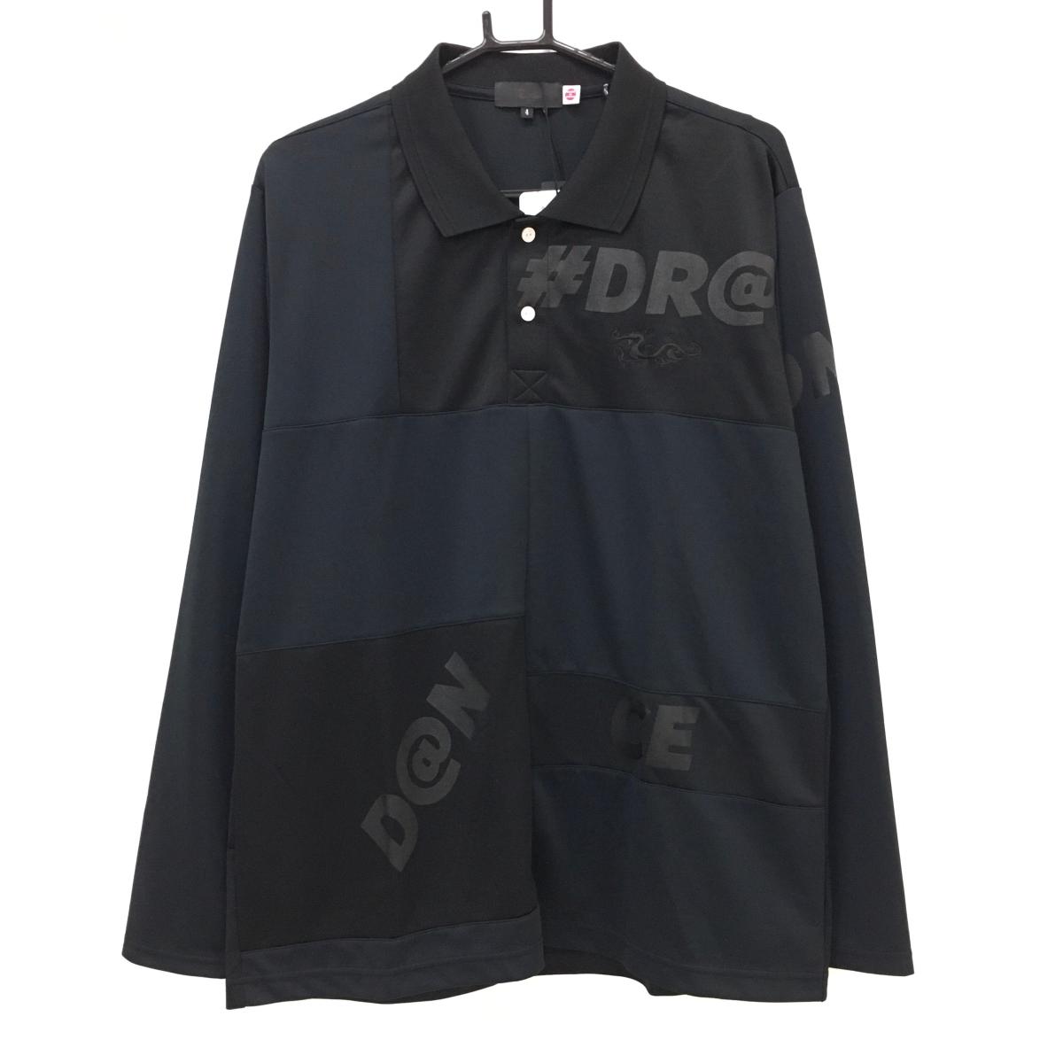 【新品】ダンスウィズドラゴン 長袖ポロシャツ 黒 ロゴ刺しゅう 吸汗速乾 UVカット 英字プリント 日本製 メンズ 4(XL) ゴルフウェア Dance With Dragon