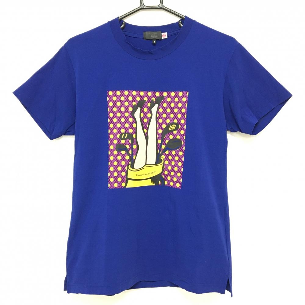【美品】ダンスウィズドラゴン Tシャツ ブルー×イエロー 一部ドット メンズ 2(M) ゴルフウェア Dance With Dragon