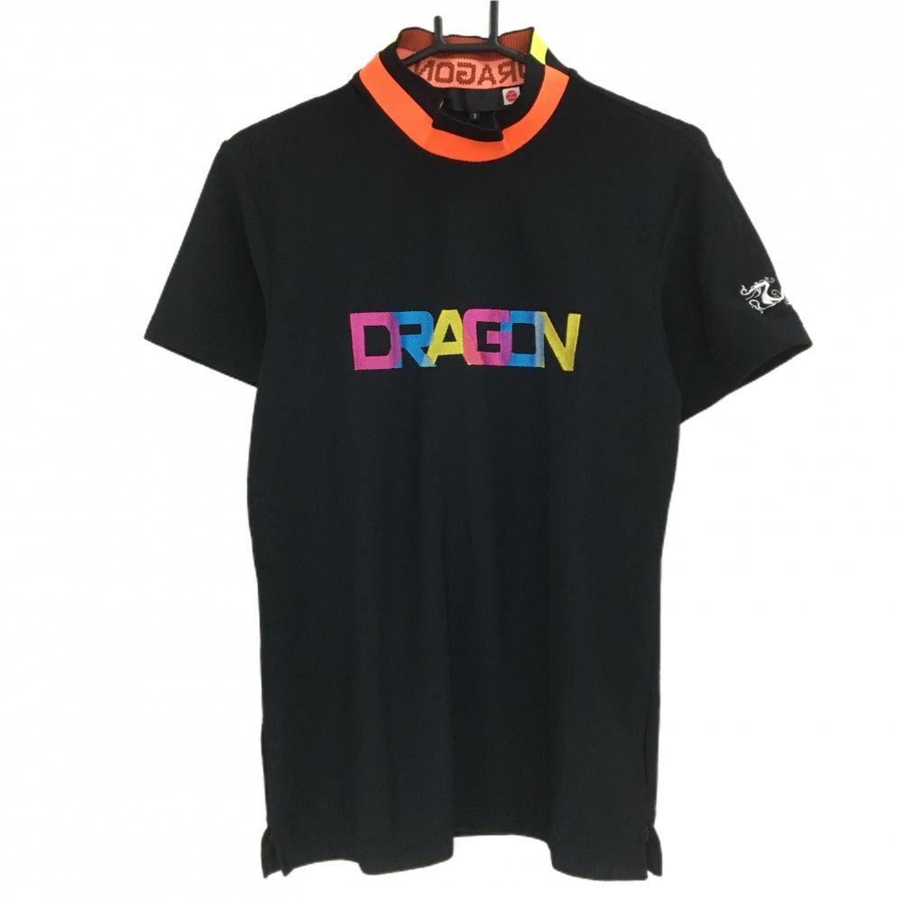 【新品】ダンスウィズドラゴン 半袖ハイネックシャツ 黒×マルチカラー 袖ロゴ刺しゅう メンズ 2(M) ゴルフウェア Dance With Dragon