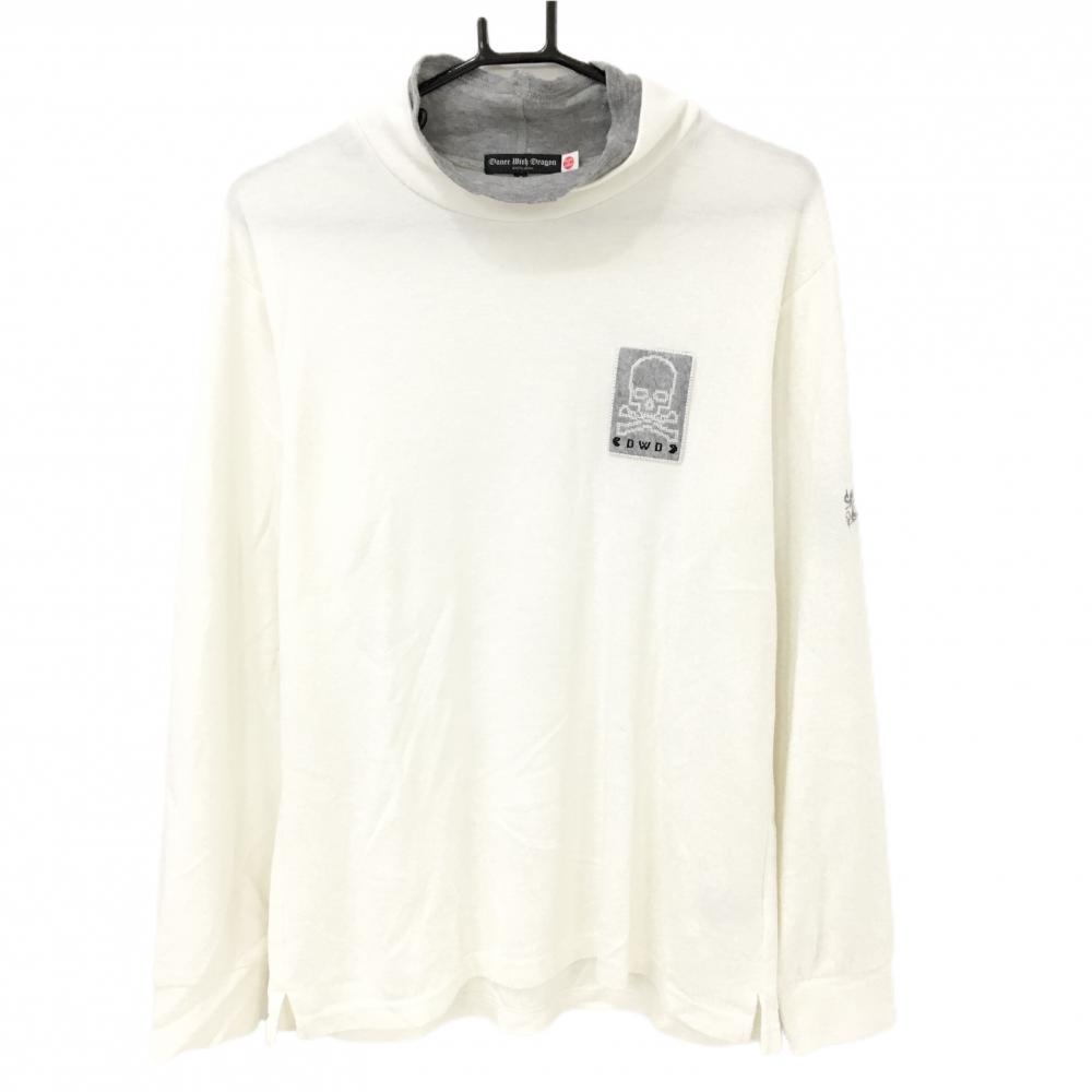【美品】ダンスウィズドラゴン 長袖ハイネックシャツ 白×杢グレー 微起毛 胸ロゴ  メンズ 3(L) ゴルフウェア Dance With Dragon