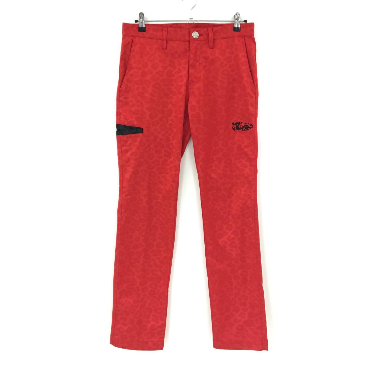 【美品】ダンスウィズドラゴン パンツ レッド系 レオパード ロゴ刺しゅう メンズ 2(M) ゴルフウェア Dance With Dragon