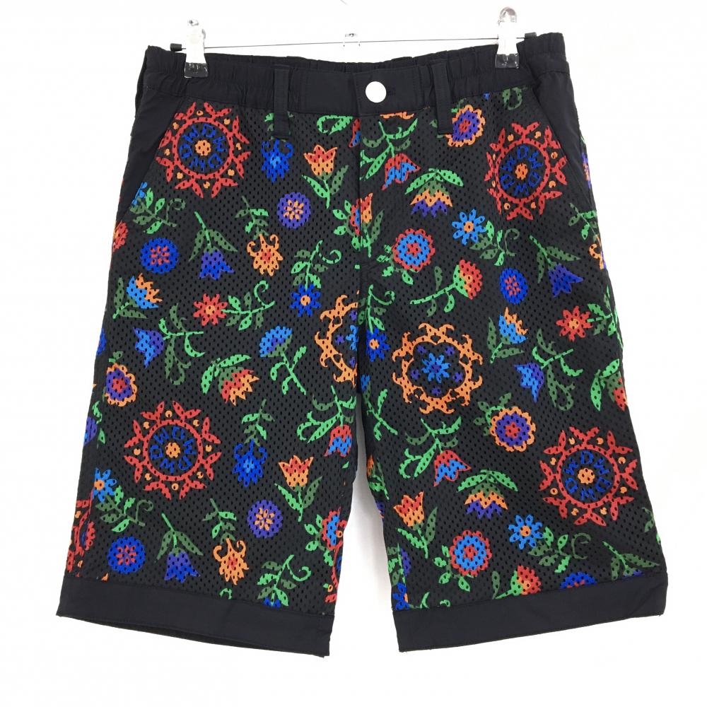 【超美品】ダンスウィズドラゴン ハーフパンツ 黒×マルチカラー 花柄 表メッシュ生地  メンズ 3(L) ゴルフウェア Dance With Dragon