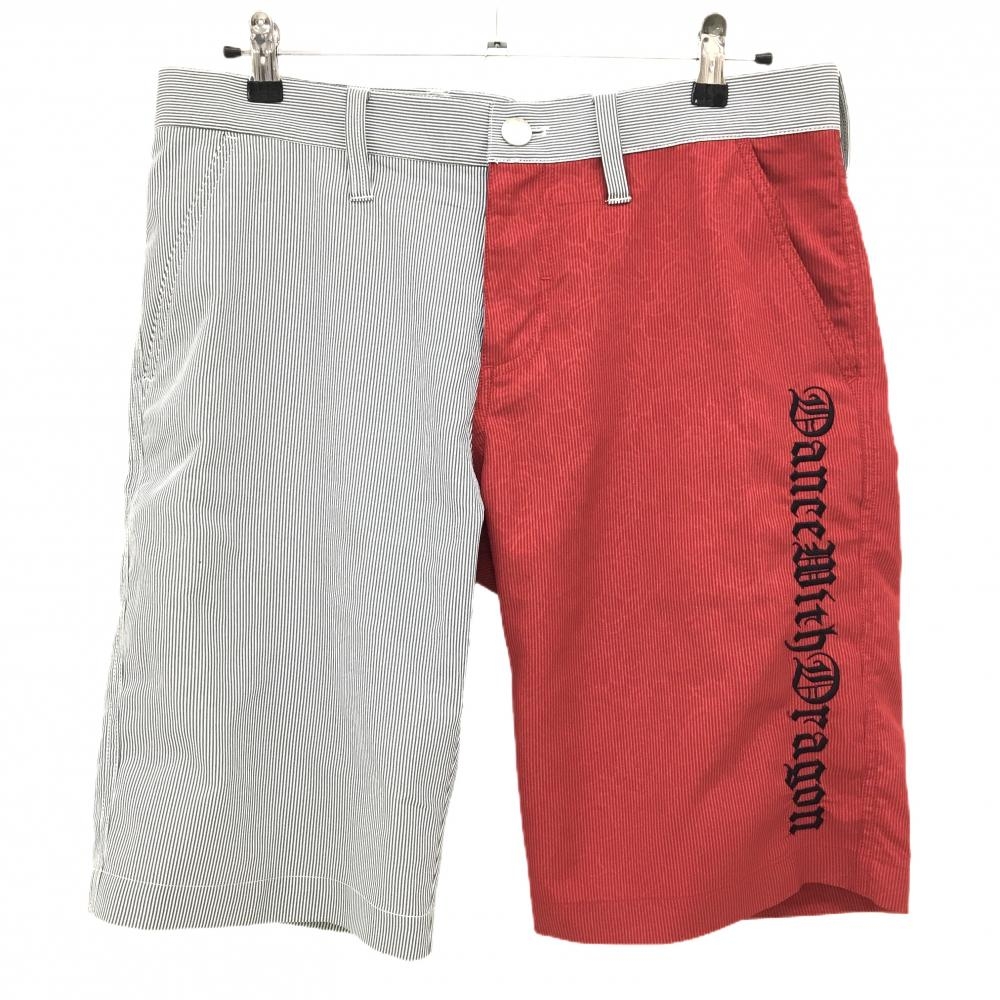 【超美品】ダンスウィズドラゴン ハーフパンツ グレー×白×レッド ストライプ ロゴ刺しゅう メンズ 3(L) ゴルフウェア Dance With Dragon