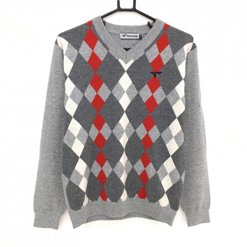【美品】ツアーステージ セーター グレー×レッド アーガイル調 カシミヤ100％ ニット メンズ M ゴルフウェア TOURSTAGE