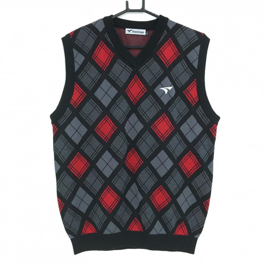 【美品】ツアーステージ ニットベスト 黒×レッド×グレー チェック 胸ロゴ メンズ LL ゴルフウェア TOURSTAGE