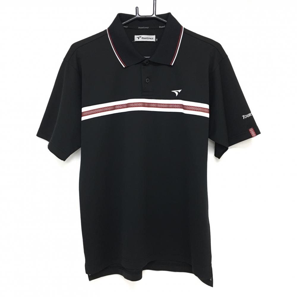 ツアーステージ 半袖ポロシャツ 黒×白×レッド 胸ライン  メンズ M ゴルフウェア TOURSTAGE