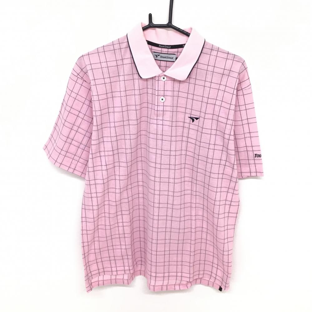ツアーステージ 半袖ポロシャツ ピンク×黒 チェック メンズ L ゴルフウェア TOURSTAGE