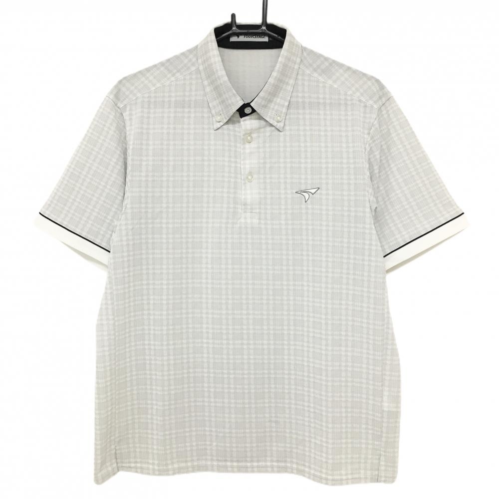 【美品】ツアーステージ 半袖ポロシャツ 白×ライトグレー チェック柄 ロゴ刺しゅう メンズ L ゴルフウェア TOURSTAGE