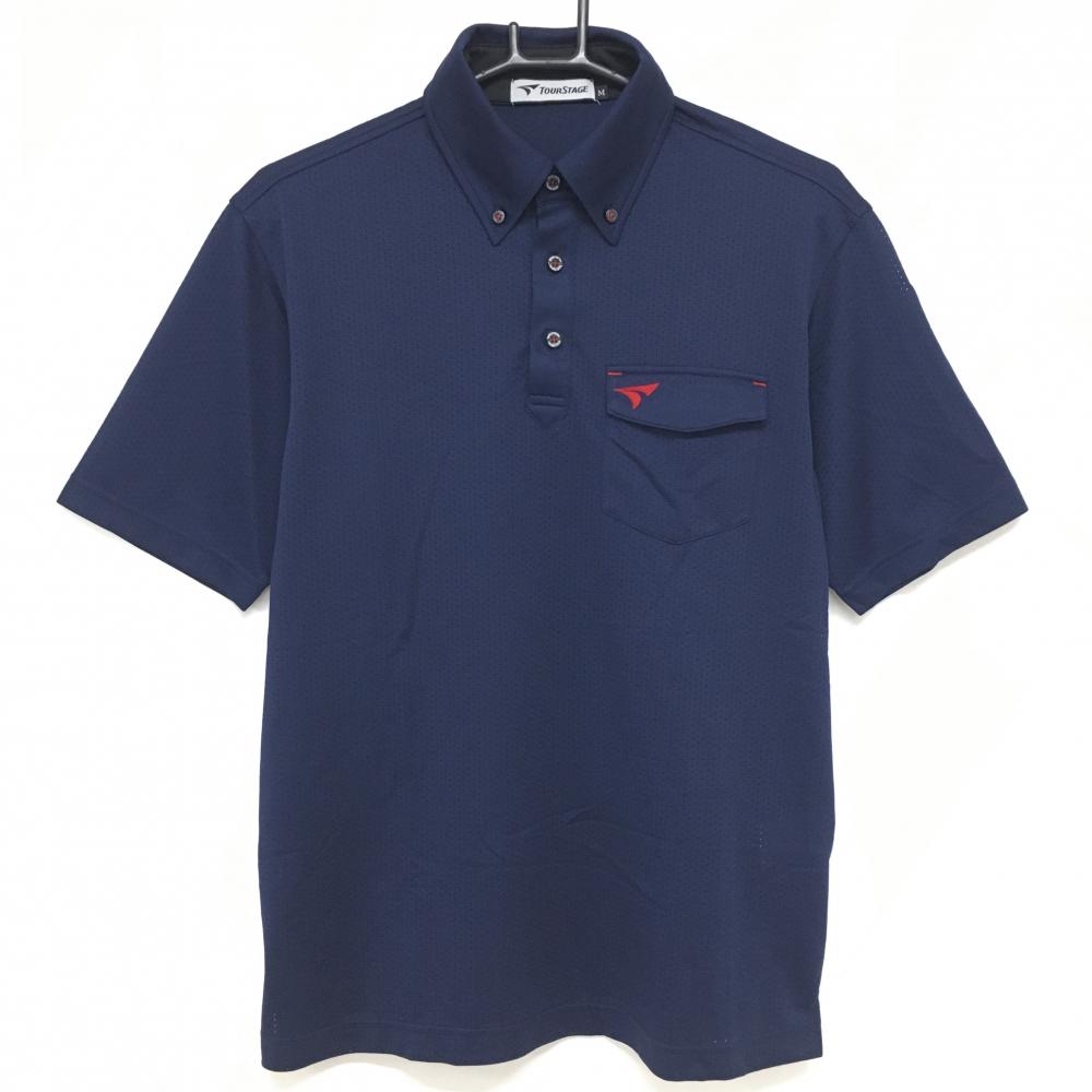 【超美品】ツアーステージ 半袖ポロシャツ ネイビー ロゴ赤 パンチング メッシュ メンズ M ゴルフウェア TOURSTAGE