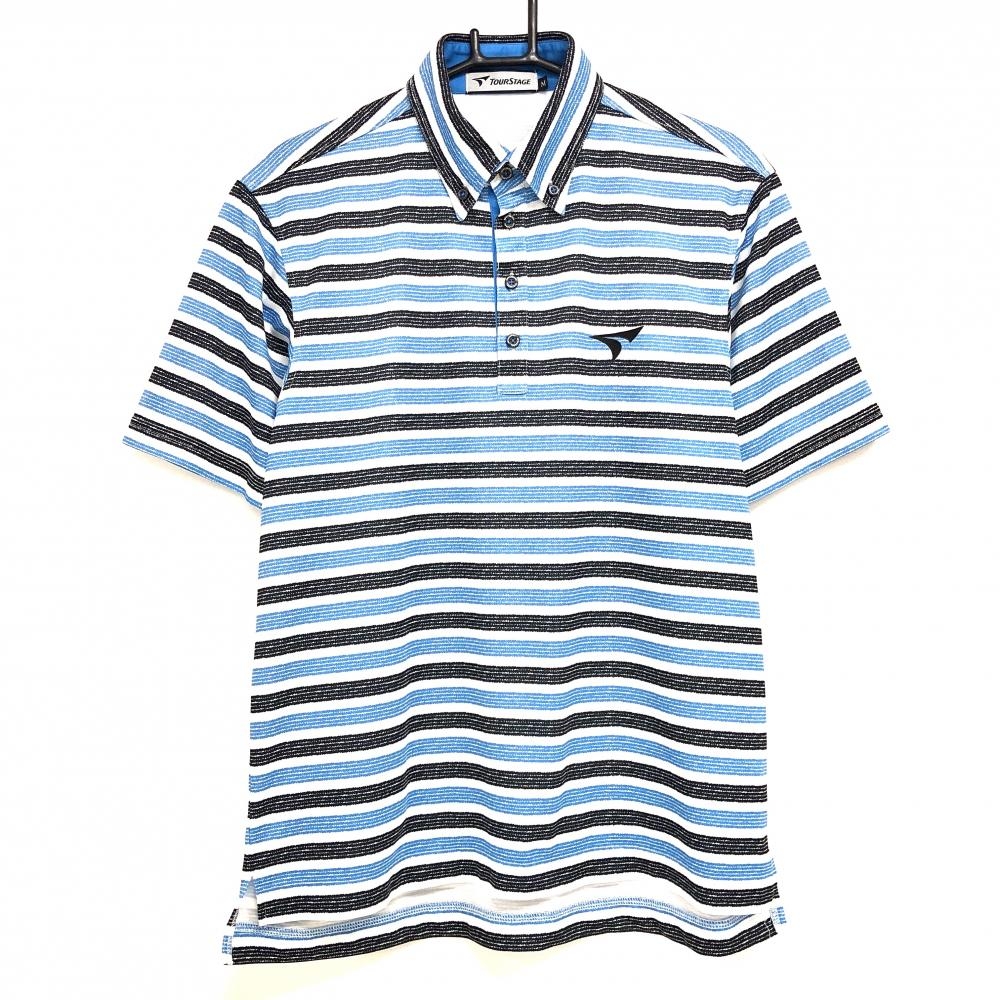 【美品】ツアーステージ 半袖ポロシャツ ブルー×黒×白 ボーダー ボタンダウン メンズ M ゴルフウェア TOURSTAGE