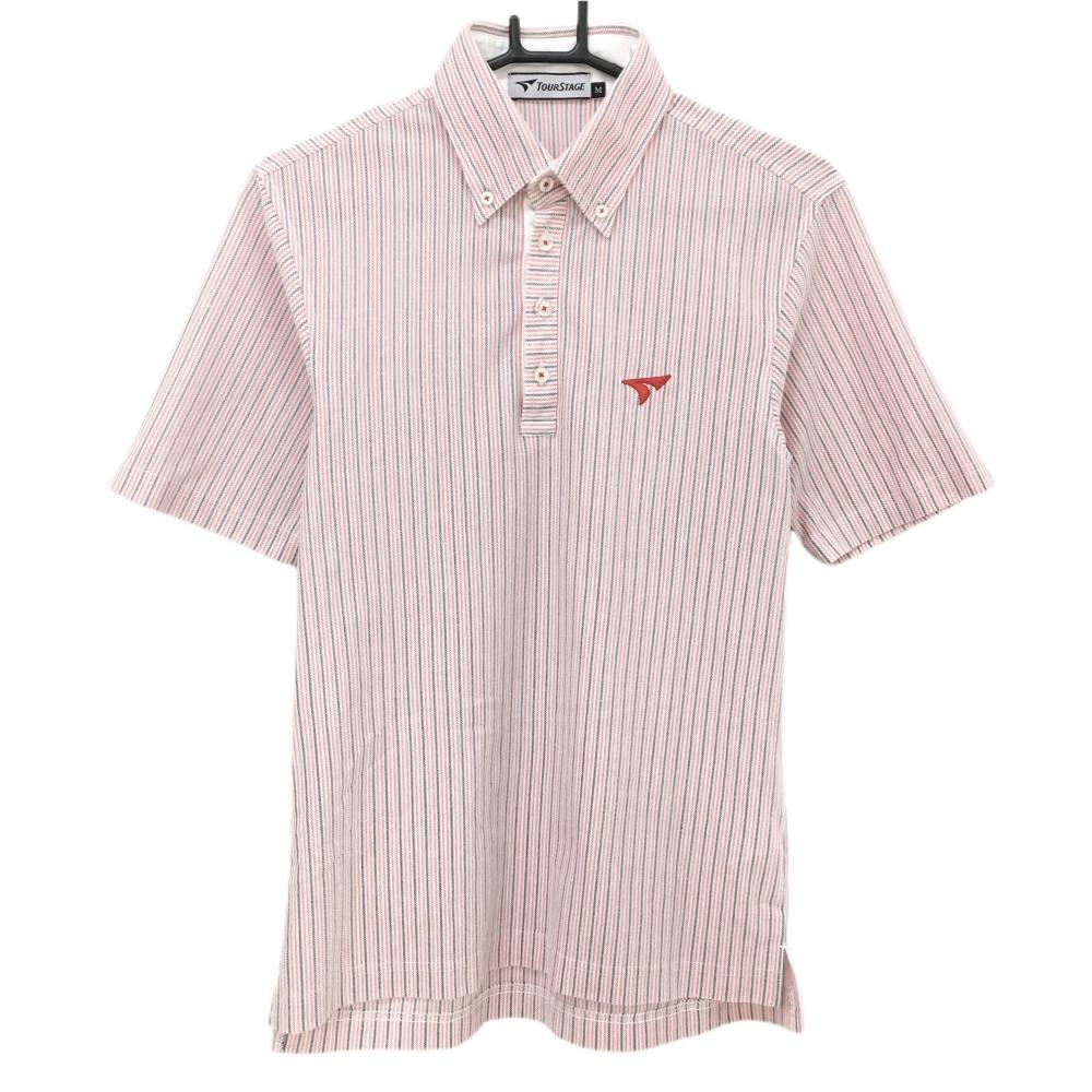 【美品】ツアーステージ 半袖ポロシャツ レッド×黒×白 ボタンダウン ストライプ メンズ M ゴルフウェア TOURSTAGE