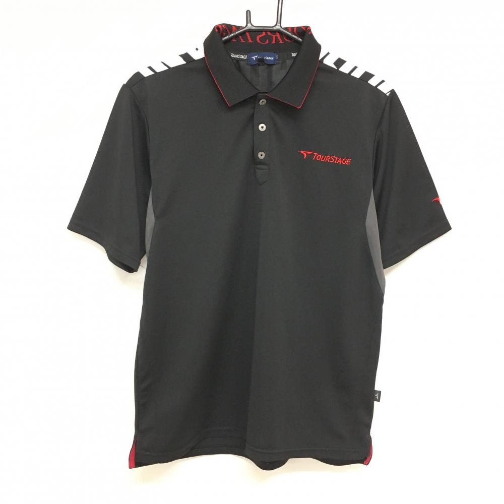 ツアーステージ 半袖ポロシャツ 黒×グレー ロゴ刺しゅうレッド  メンズ LL ゴルフウェア TOURSTAGE