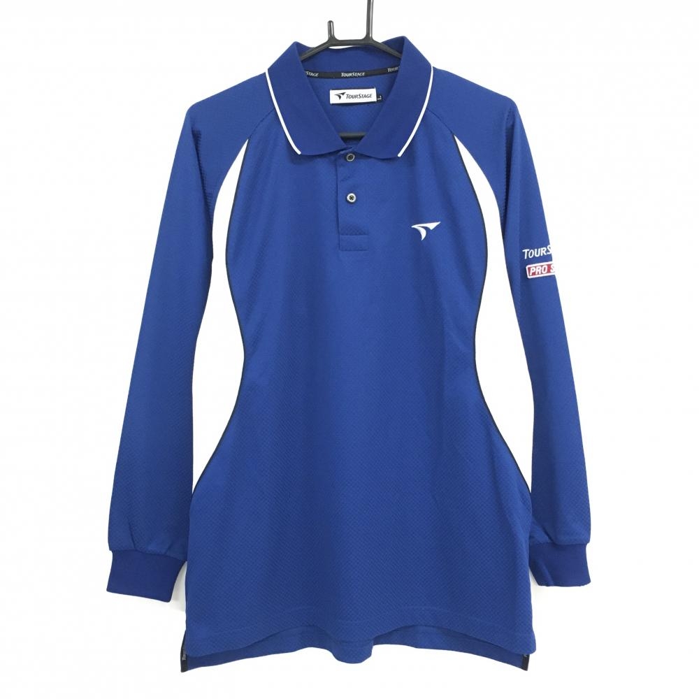 【美品】ツアーステージ 長袖ポロシャツ ブルー×白 ブロック柄地模様 ロゴ刺しゅう メンズ L ゴルフウェア TOURSTAGE