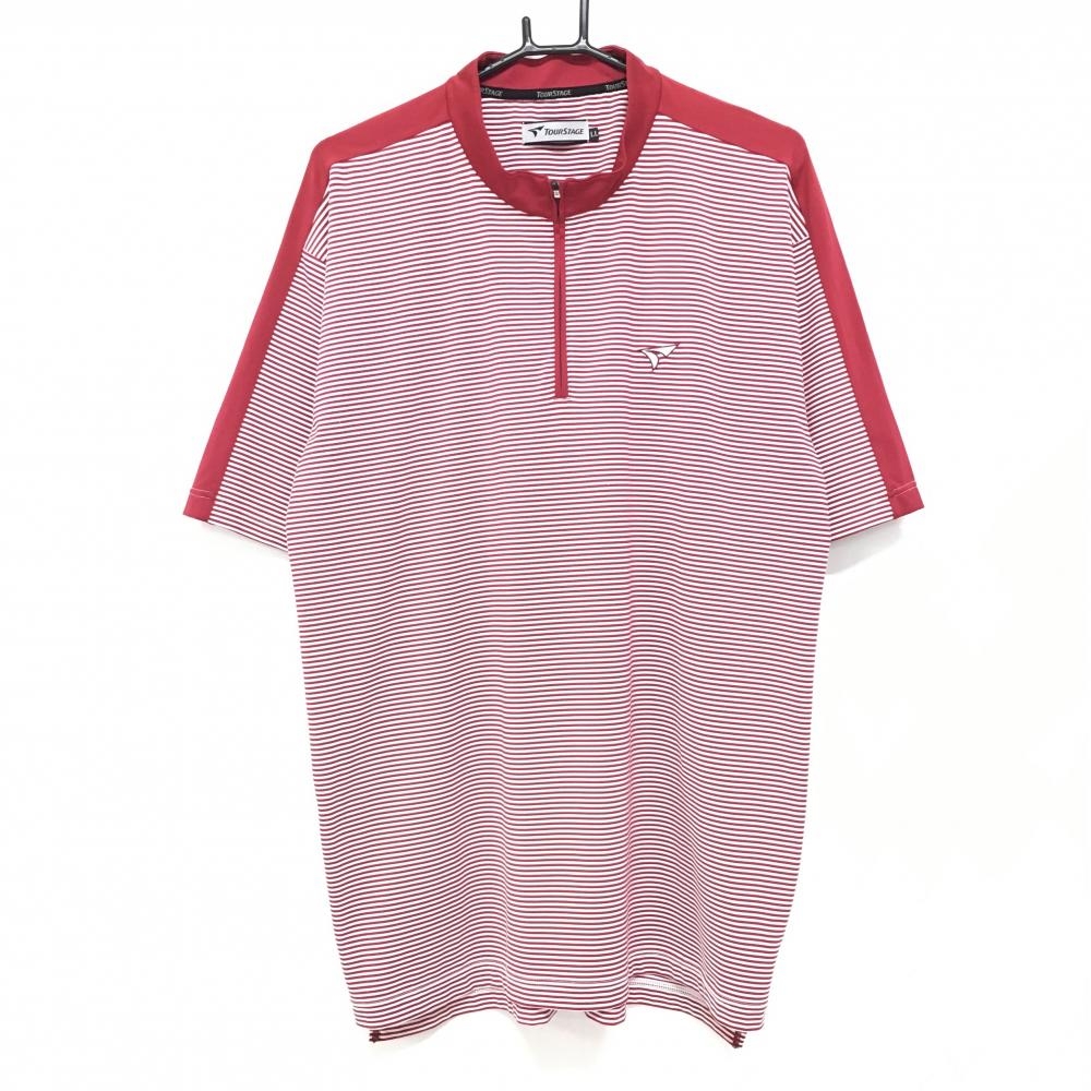 【美品】ツアーステージ 半袖ハイネックシャツ レッド×白 ボーダー ロゴ刺しゅう ハーフジップ メンズ LL ゴルフウェア TOURSTAGE