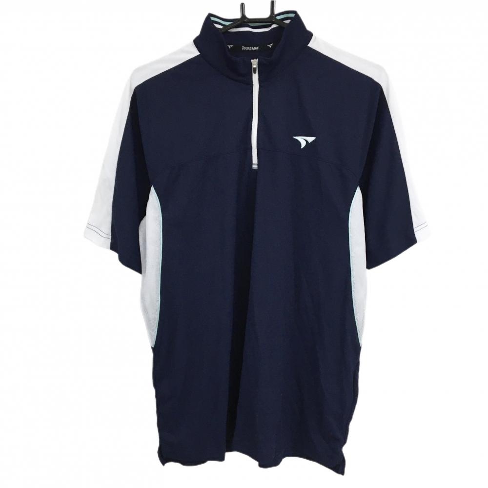 【美品】ツアーステージ 半袖ハイネックシャツ ネイビー×白 ハーフジップ サイドメッシュ メンズ L ゴルフウェア TOURSTAGE