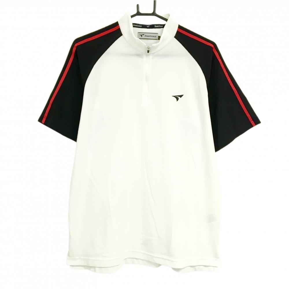 【超美品】ツアーステージ 半袖ハイネックシャツ 白×黒ハーフジップ 肩ライン メンズ L ゴルフウェア TOURSTAGE