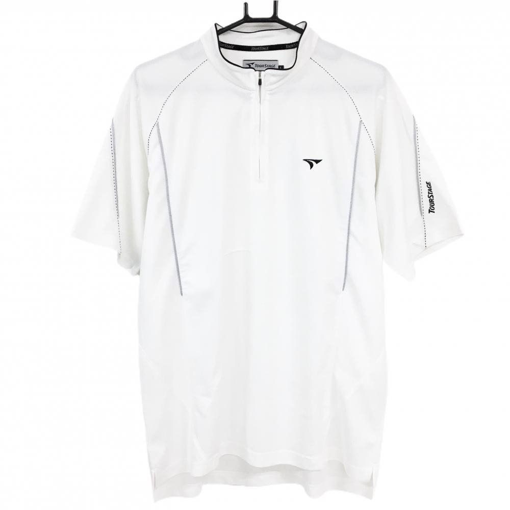 【美品】ツアーステージ 半袖ハイネックシャツ 白 地模様 ハーフジップ ロゴ黒 メンズ L ゴルフウェア TOURSTAGE