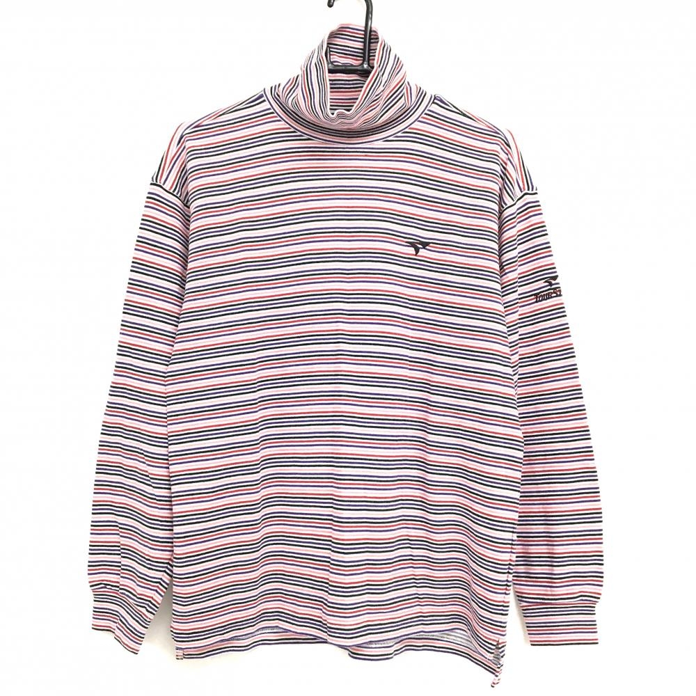 【美品】ツアーステージ 長袖タートルネックシャツ 白×マルチカラー 細ボーダー ロゴ刺しゅう メンズ M ゴルフウェア TOURSTAGE