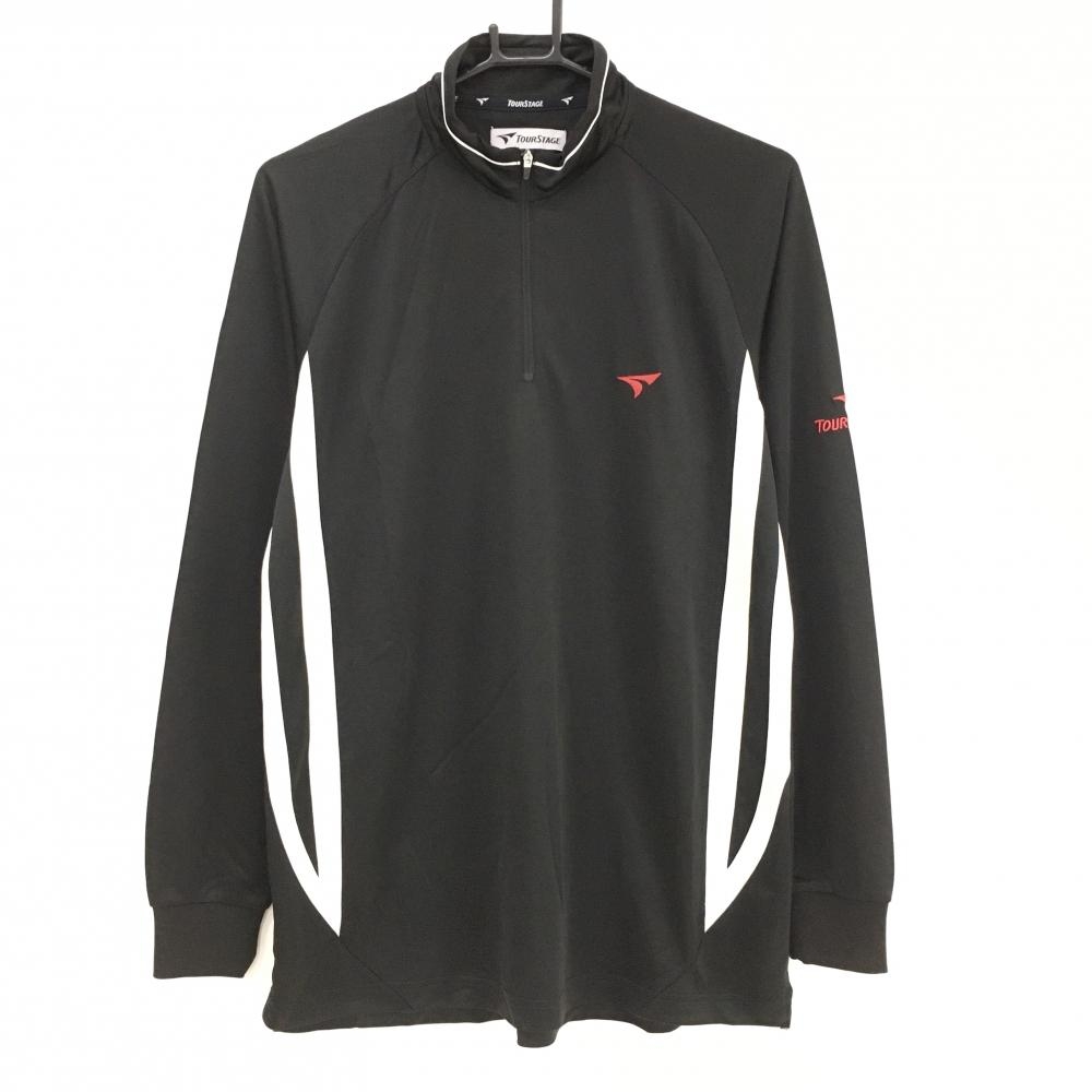 【超美品】ツアーステージ 長袖ハイネックシャツ 黒×白 サイド2ライン ハーフジップ ロゴ刺しゅう メンズ L ゴルフウェア TOURSTAGE