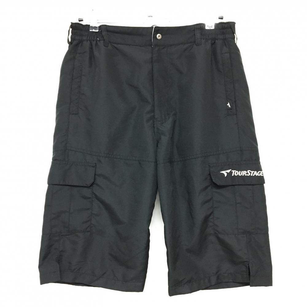 【美品】ツアーステージ ハーフパンツ 黒×白 地模様 ロゴ刺しゅう 複数ポケット 裏地メッシュ  メンズ LL ゴルフウェア TOURSTAGE