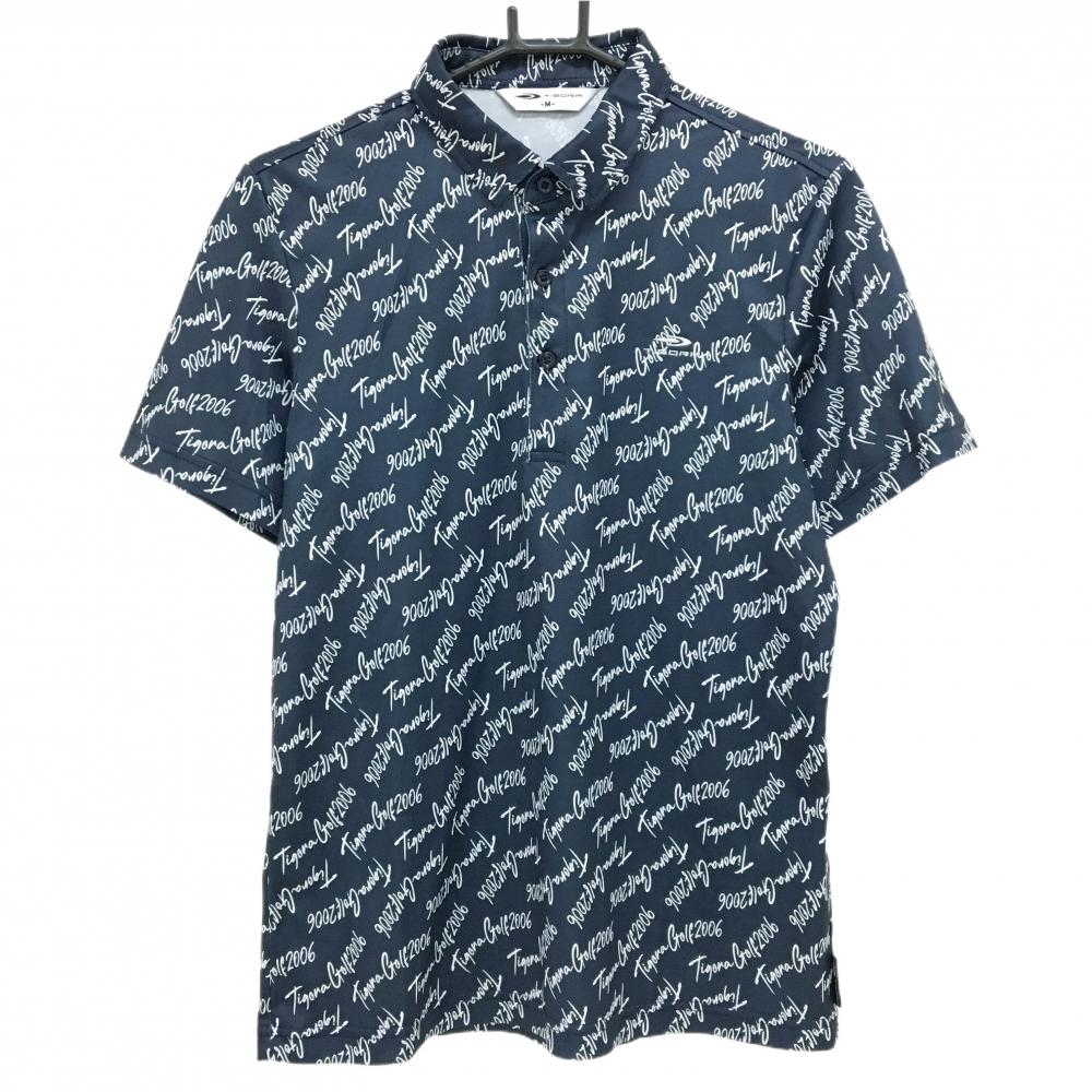 【超美品】ティゴラ 半袖ポロシャツ ネイビー×白 ロゴ総柄 メンズ M ゴルフウェア TIGORA