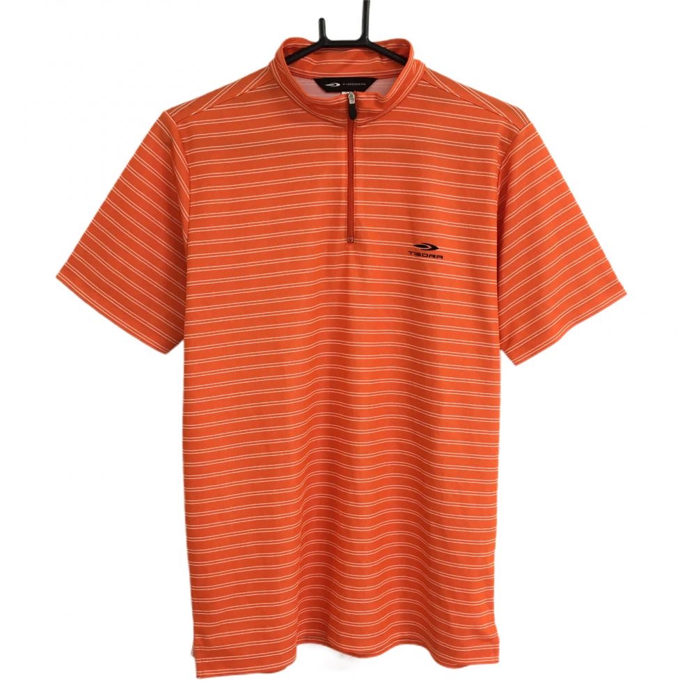 【超美品】ティゴラ 半袖ハイネックシャツ オレンジ×白 ボーダー ハーフジップ メンズ M ゴルフウェア TIGORA