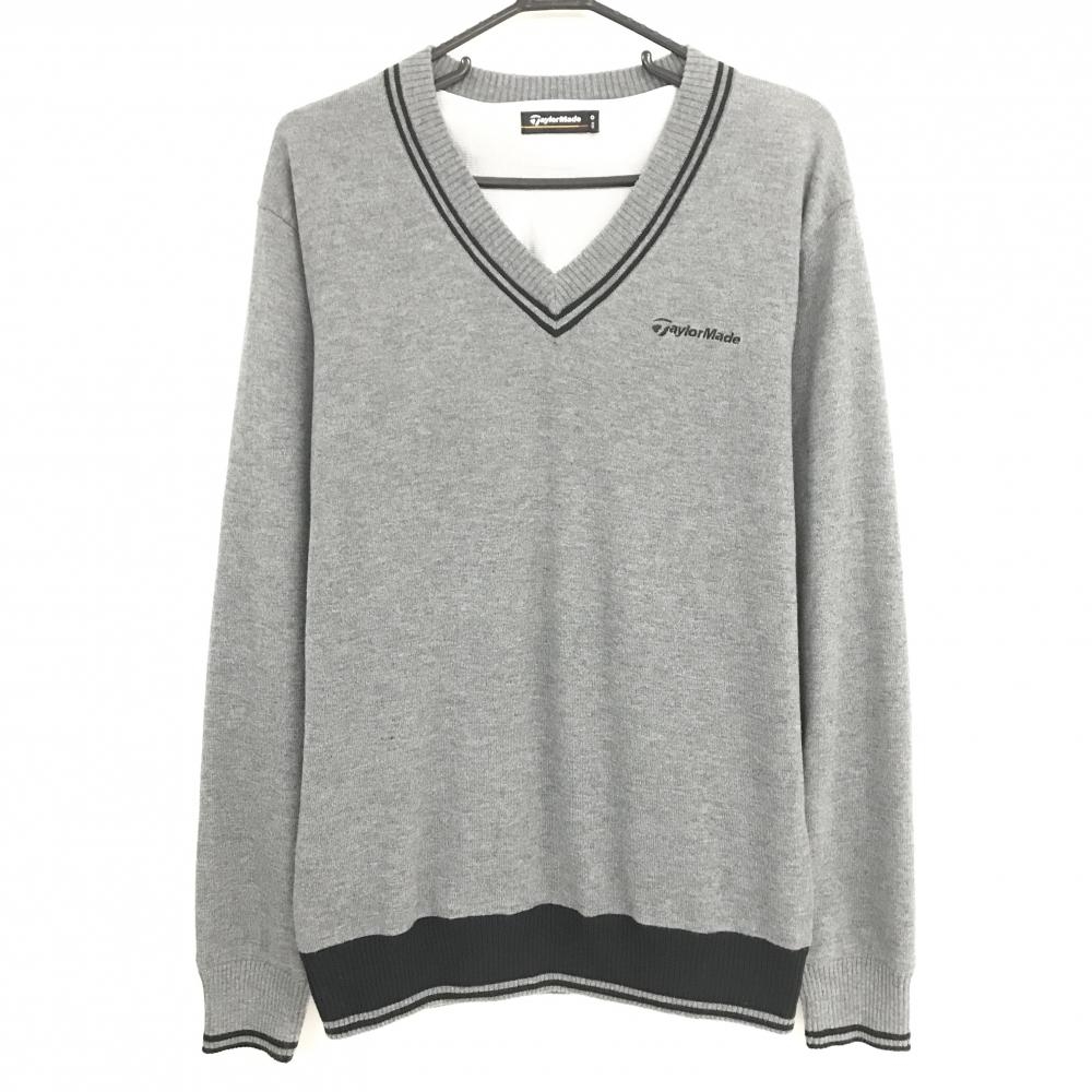 【超美品】テーラーメイド セーター グレー×黒 Vネック 蓄熱裏地 ウール混 ロゴ刺しゅう メンズ O(XL) ゴルフウェア TaylorMade