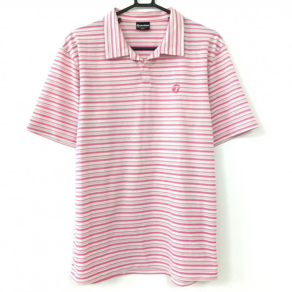 【美品】TaylorMade テーラーメイド 半袖ポロシャツ 白×ピンク ボーダー柄 襟スナップボタン メンズ L ゴルフウェア