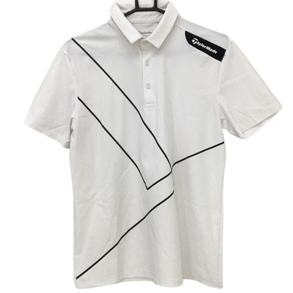 テーラーメイド 半袖ポロシャツ 白×黒 ラインプリント 肩ロゴ  メンズ M ゴルフウェア TaylorMade