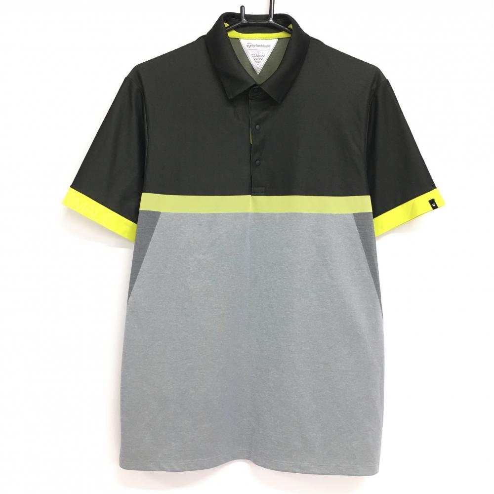 【超美品】テーラーメイド 半袖ポロシャツ 黒×グレー スナップボタン 袖ロゴ メンズ O(XL) ゴルフウェア TaylorMade