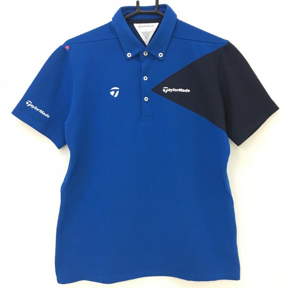 【超美品】テーラーメイド 半袖ポロシャツ ブルー×ネイビー 胸元ロゴ ボタンダウン メンズ M ゴルフウェア TaylorMade