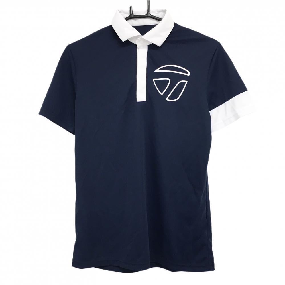 【美品】テーラーメイド 半袖ポロシャツ ネイビー×白 スナップボタン 袖バイカラー メンズ S ゴルフウェア TaylorMade