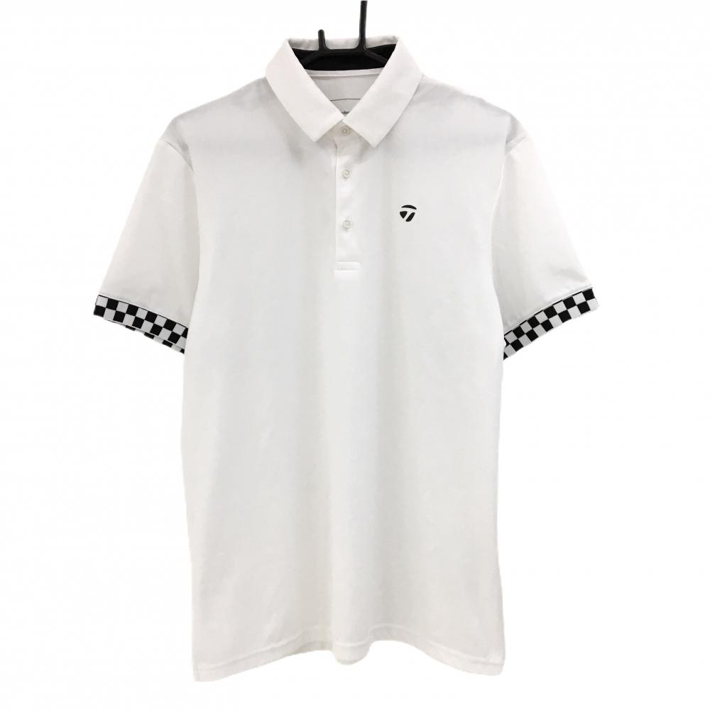 【美品】テーラーメイド 半袖ポロシャツ 白×黒 袖口ブロックチェック メンズ L ゴルフウェア TaylorMade
