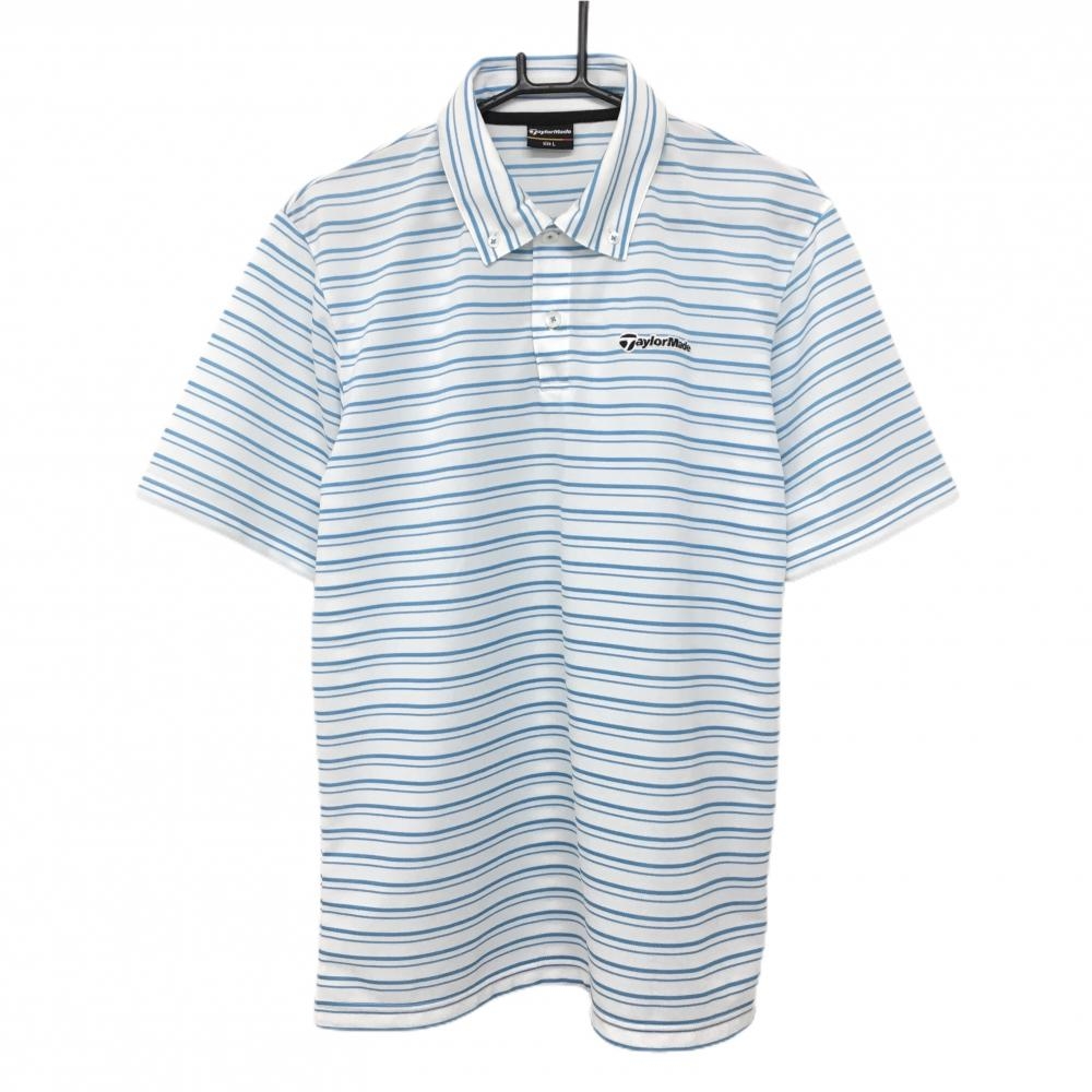 【美品】テーラーメイド 半袖ポロシャツ 白×ライトブルー ボーダー ボタンダウン メンズ L ゴルフウェア TaylorMade
