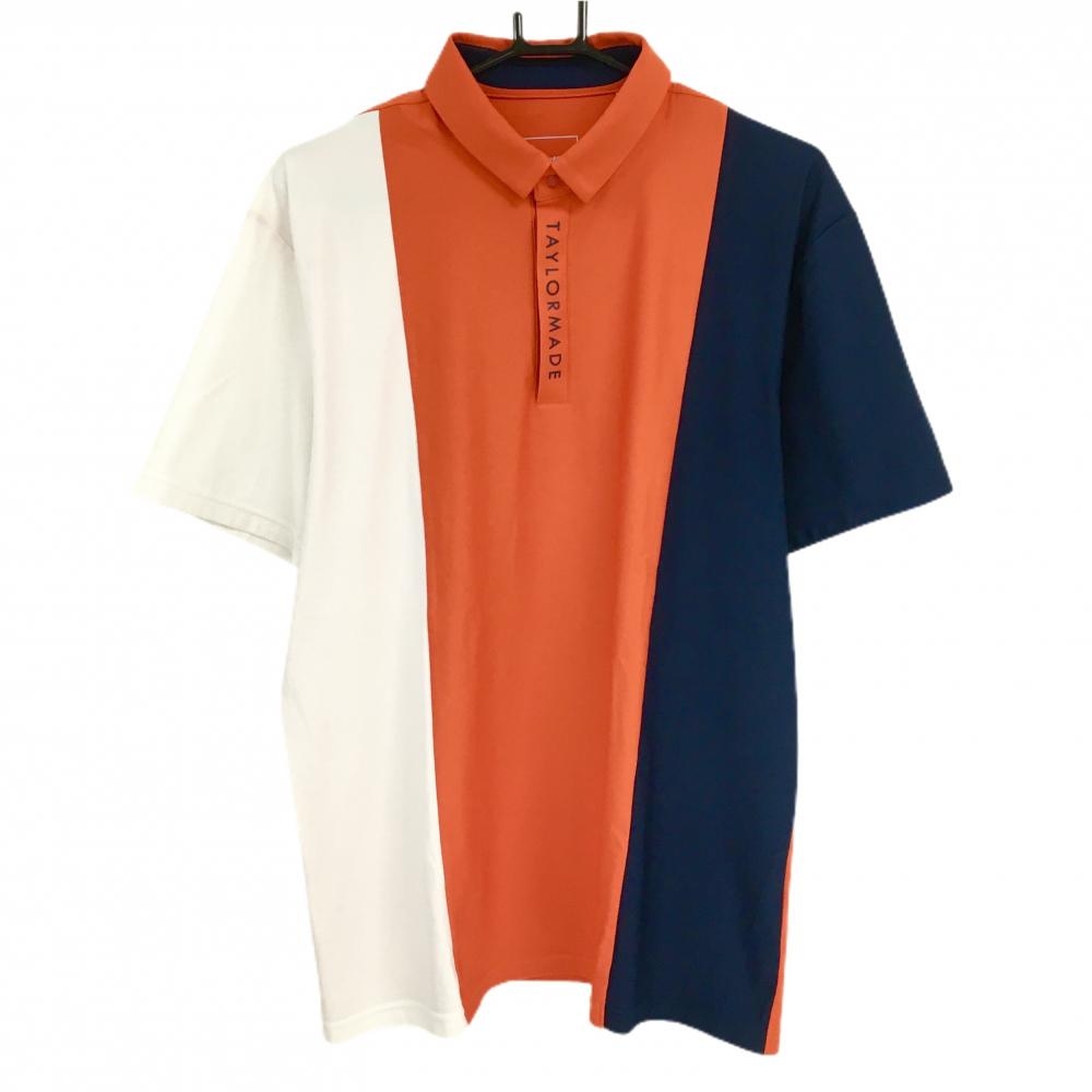 【超美品】テーラーメイド 半袖ポロシャツ オレンジ×ネイビー×白 前立て部分ロゴ スナップボタン メンズ O ゴルフウェア TaylorMade