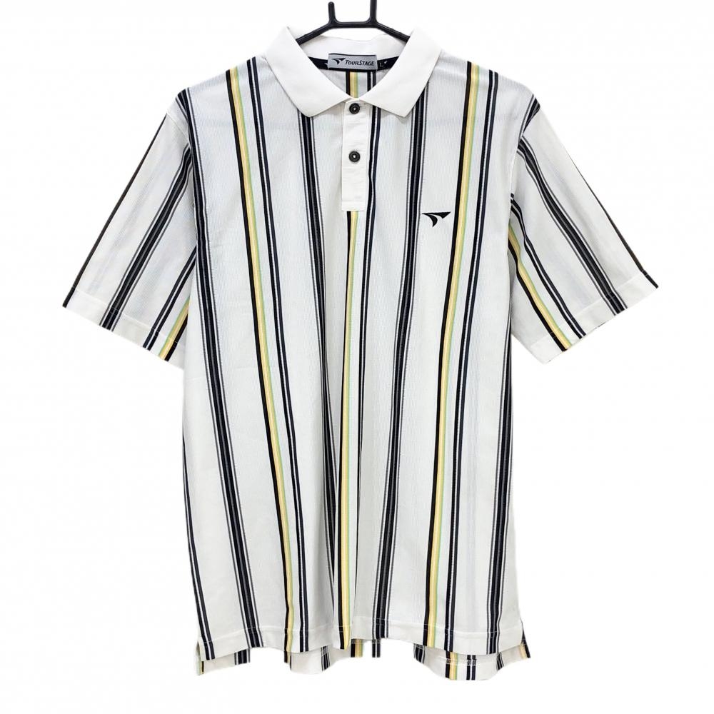 テーラーメイド 半袖ポロシャツ 白×黒×イエロー ストライプ 透け感 メンズ L ゴルフウェア TaylorMade