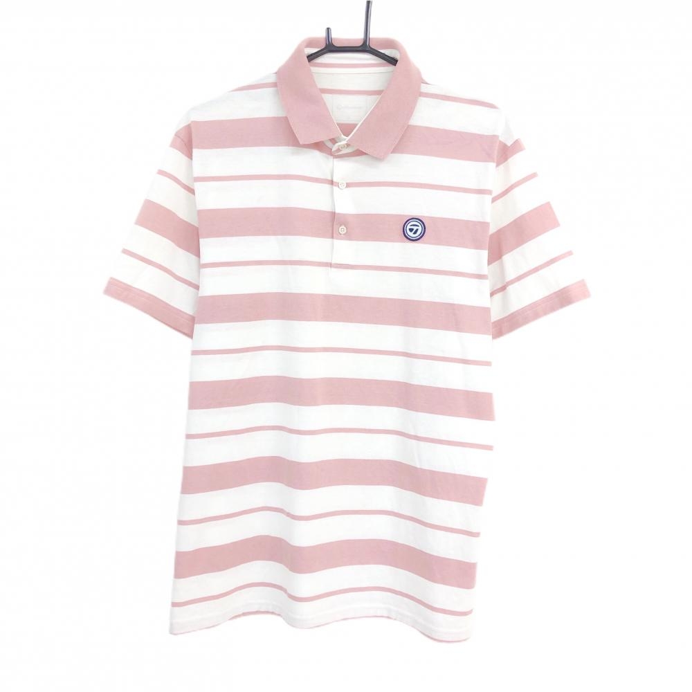 【美品】テーラーメイド 半袖ポロシャツ ライトピンク×白 ボーダー  メンズ O(XL) ゴルフウェア TaylorMade