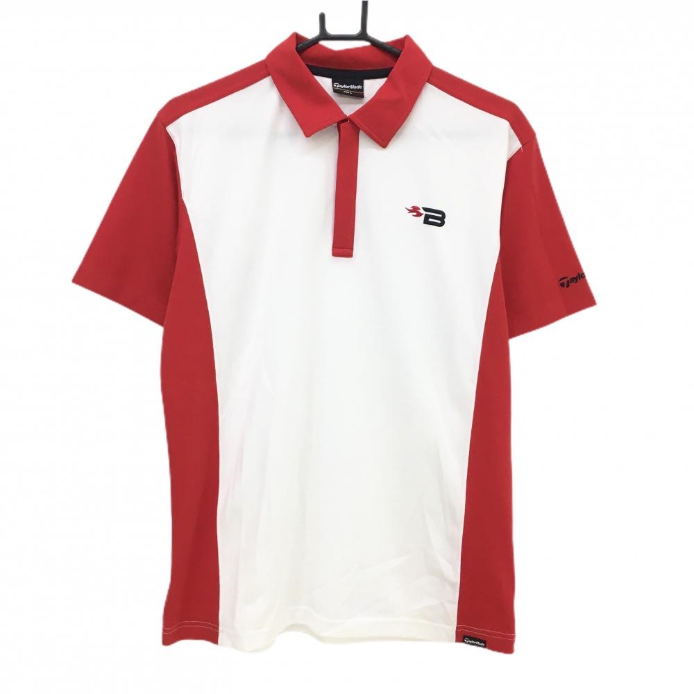 【超美品】テーラーメイド 半袖ポロシャツ 白×レッド ハーフジップ 袖ロゴ刺しゅう メンズ L ゴルフウェア TaylorMade