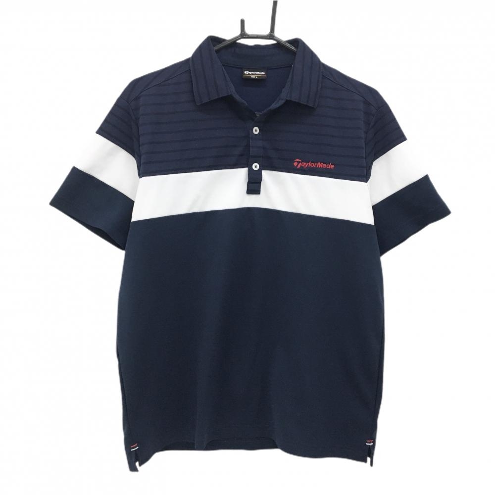 【美品】テーラーメイド 半袖ポロシャツ ネイビー×白 ロゴ刺しゅう メンズ L ゴルフウェア TaylorMade