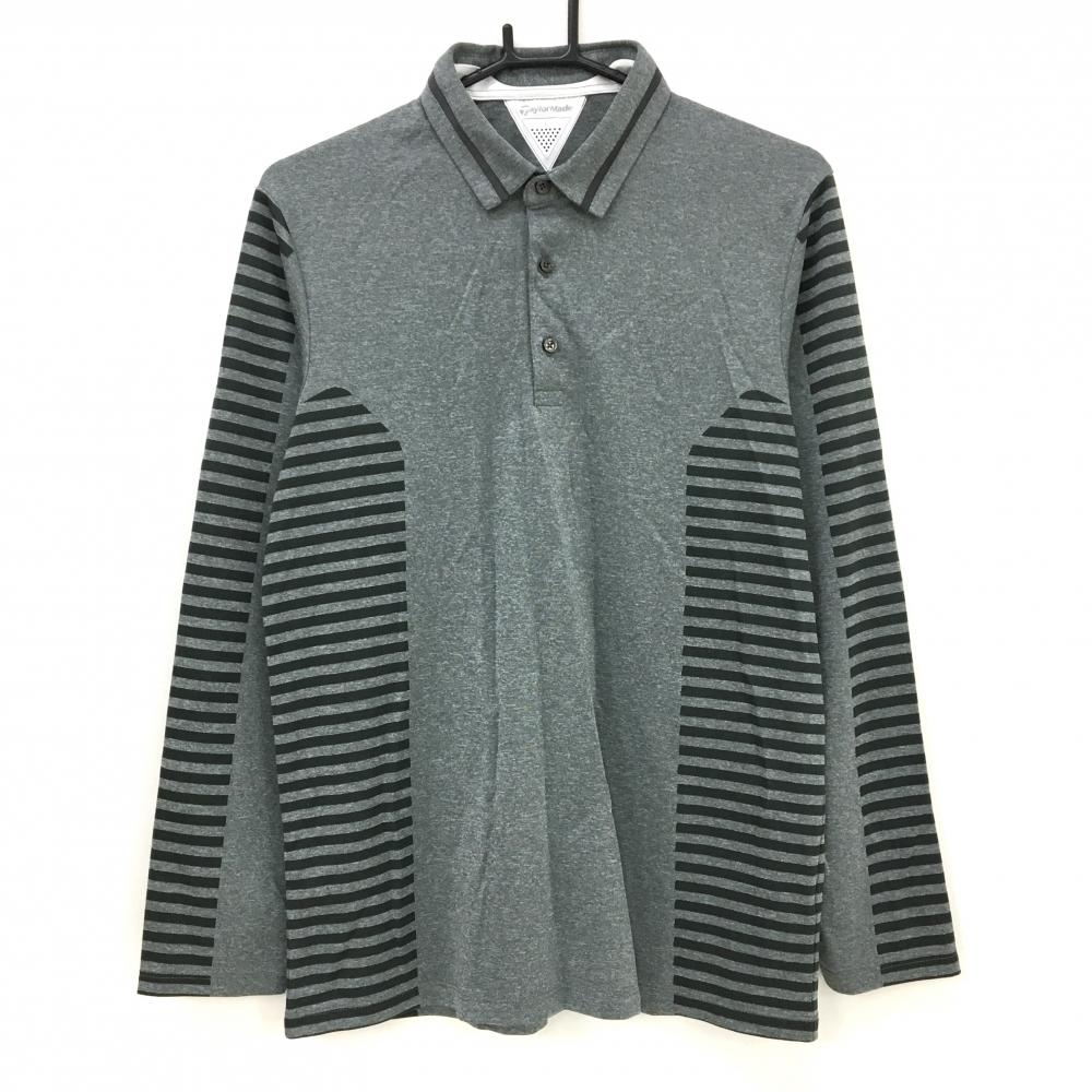 テーラーメイド 長袖ポロシャツ グレー×黒 袖・サイドボーダー 肩ロゴ メンズ L ゴルフウェア TaylorMade