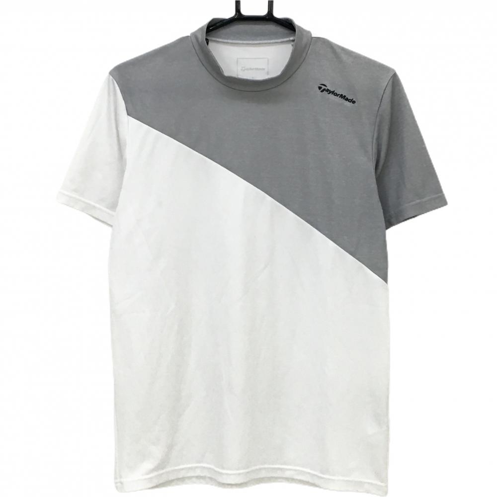 【美品】テーラーメイド 半袖ハイネックシャツ 白×ライトグレー バイカラー 肩ロゴ黒 メンズ S ゴルフウェア TaylorMade