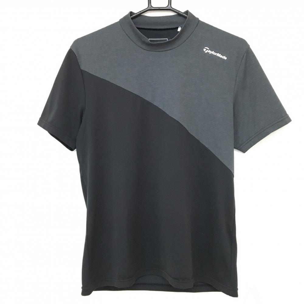 【超美品】テーラーメイド 半袖ハイネックシャツ 黒×杢グレー ロゴプリント メンズ M ゴルフウェア TaylorMade
