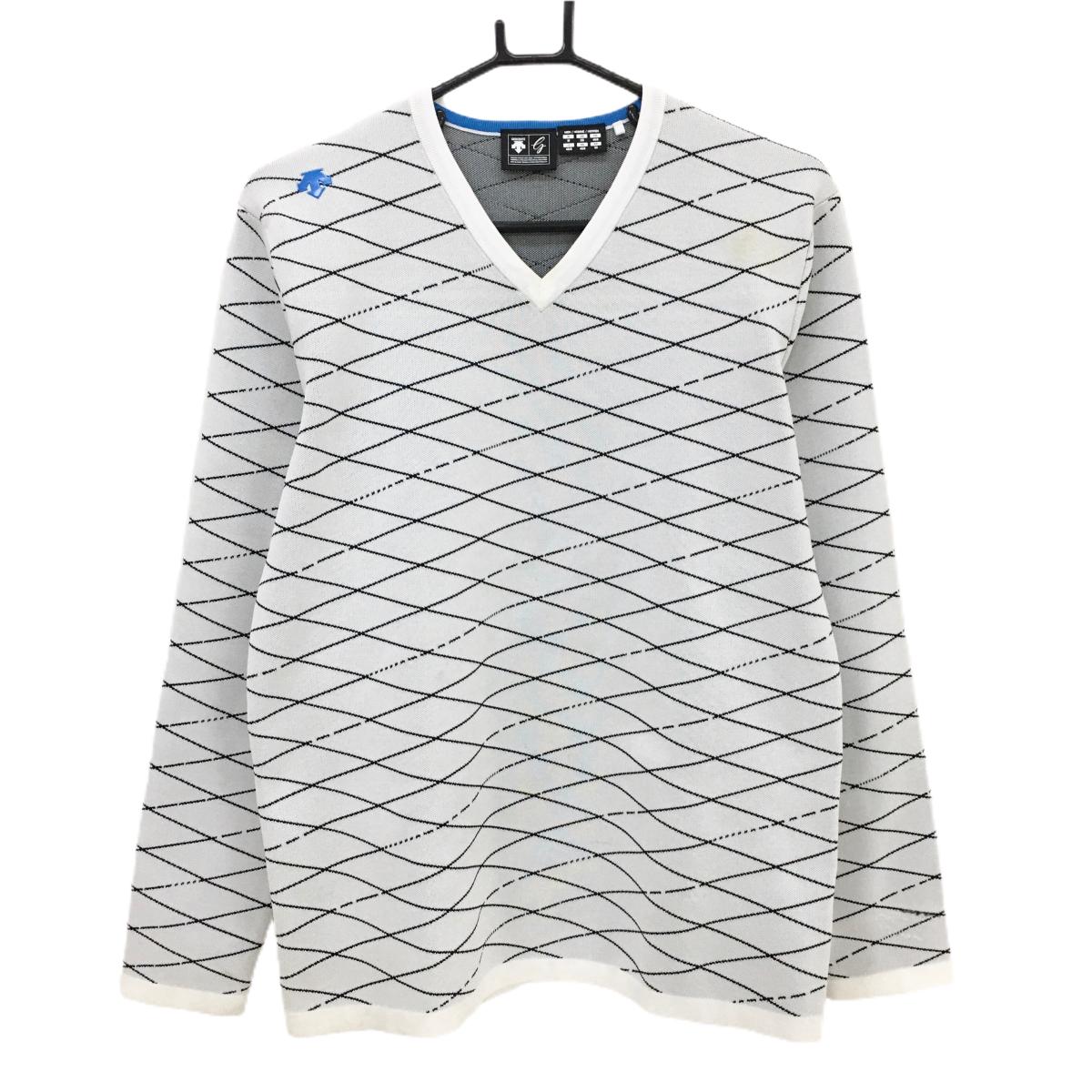 デサントゴルフ セーター 白×黒 斜め格子柄 Vネック 中田英寿 メンズ M ゴルフウェア DESCENTE