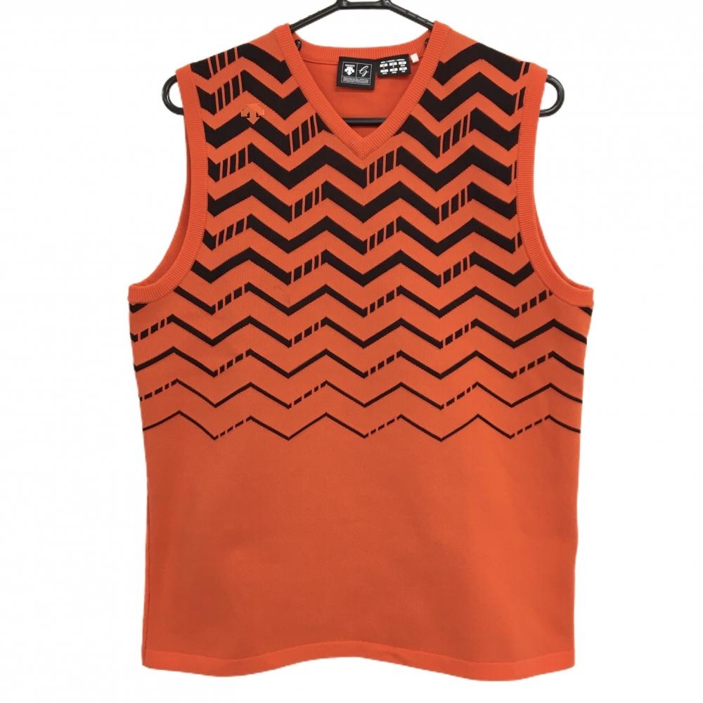 【超美品】デサントゴルフ ニットベスト オレンジ×黒 前面ギザギザ柄 Vネック 中田英寿 メンズ L ゴルフウェア DESCENTE