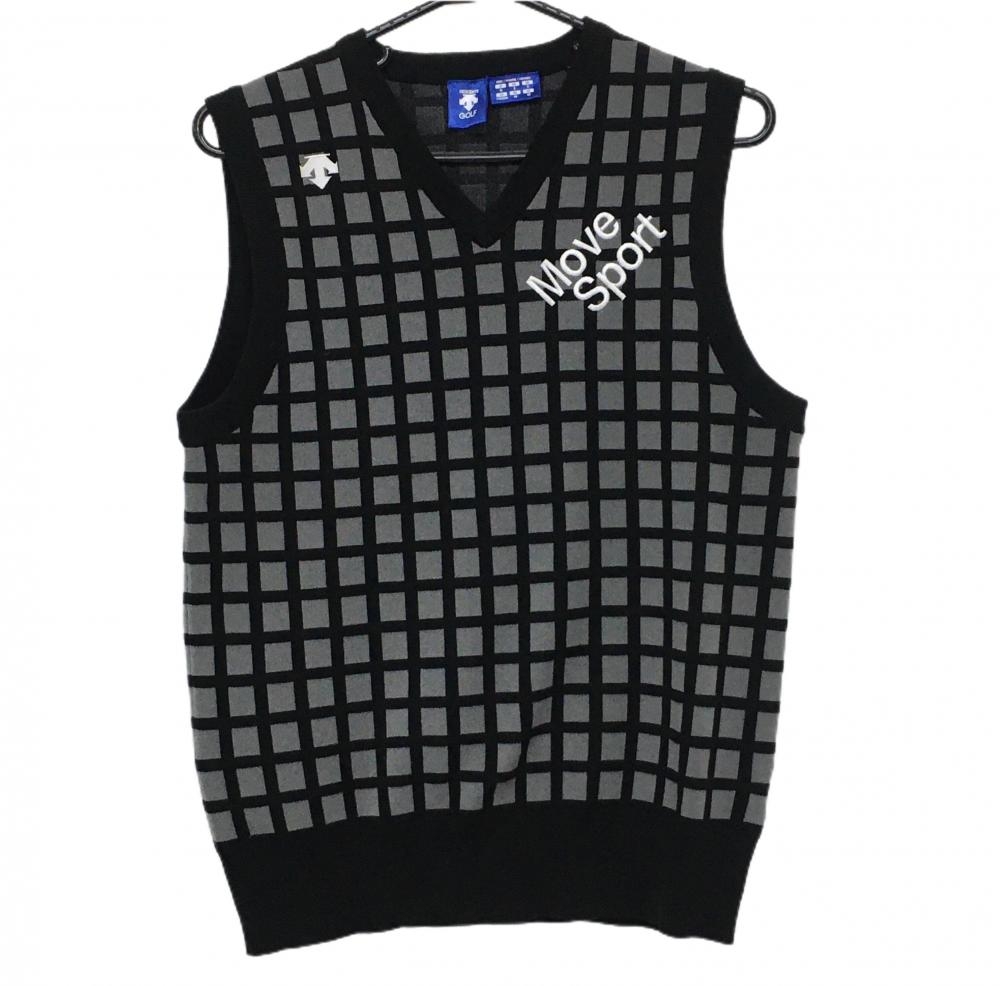 【超美品】デサントゴルフ ニットベスト 黒×グレー 格子柄 ロゴ刺しゅう Vネック 中田英寿 メンズ M ゴルフウェア DESCENTE