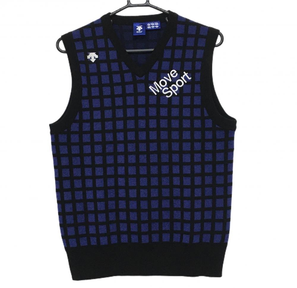 【超美品】デサントゴルフ ニットベスト 黒×ブルー 格子柄 ロゴ刺しゅう Vネック 中田英寿 メンズ M ゴルフウェア DESCENTE
