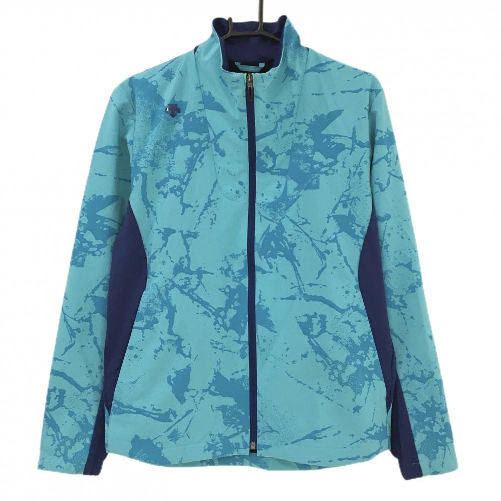 【超美品】デサントゴルフ ジャケット ライトブルー×ブルー 総柄 肩ロゴ サイドストレッチ  メンズ M ゴルフウェア DESCENTE