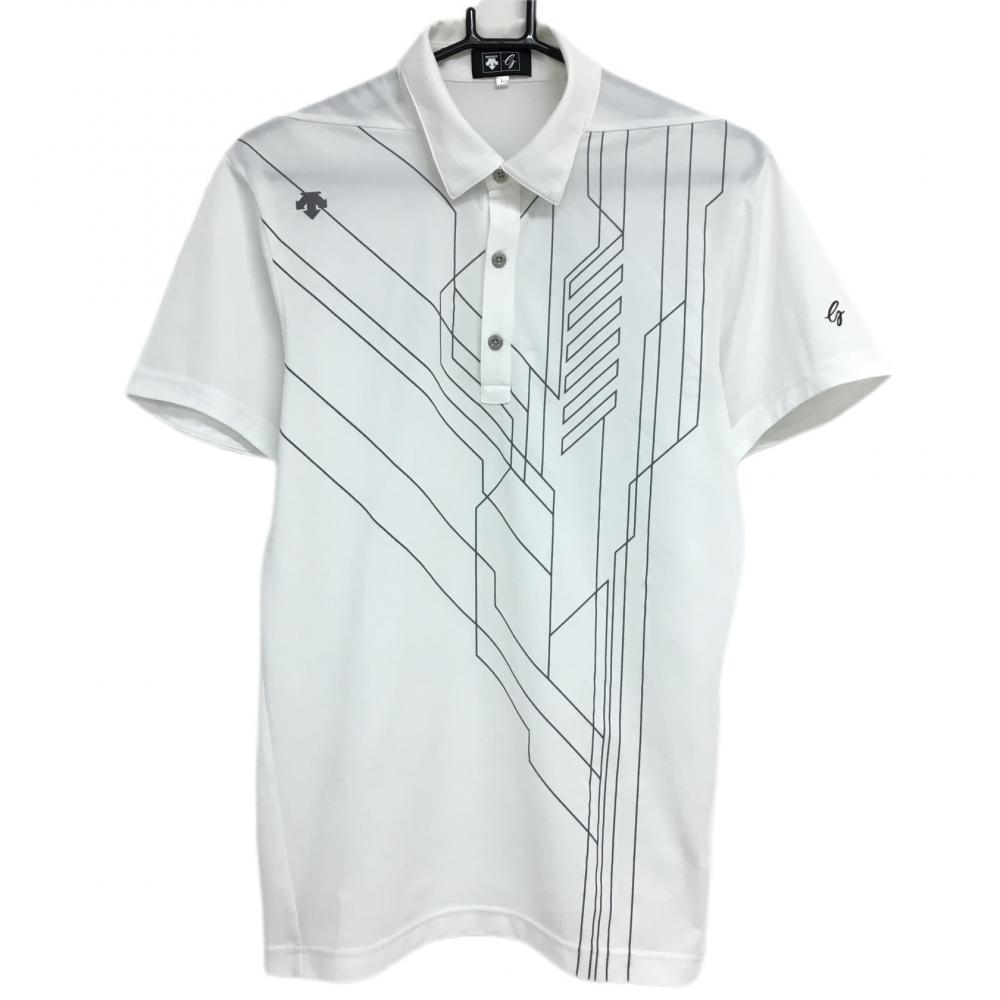 デサント 半袖ポロシャツ 白×グレー ライン柄 メンズ L ゴルフウェア DESCENTE