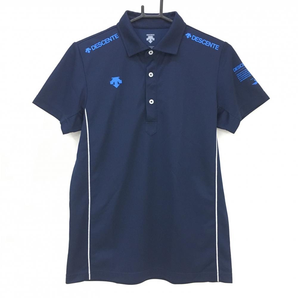 【超美品】デサント 半袖ポロシャツ ネイビー×ブルー ロゴプリント サイドライン メンズ M ゴルフウェア DESCENTE