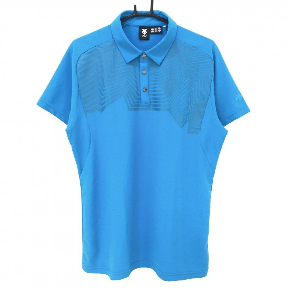 【超美品】デサント 半袖ポロシャツ ライトブルー 胸部柄 スナップボタン メンズ XO ゴルフウェア 大きいサイズ DESCENTE